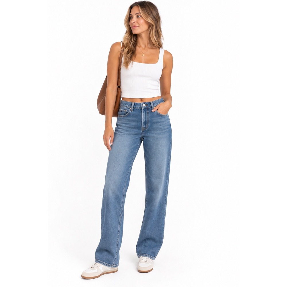 Paige Cindy High Rise Straight Leg Jeans Medium Blue Wash Size 30 Distressed Hem